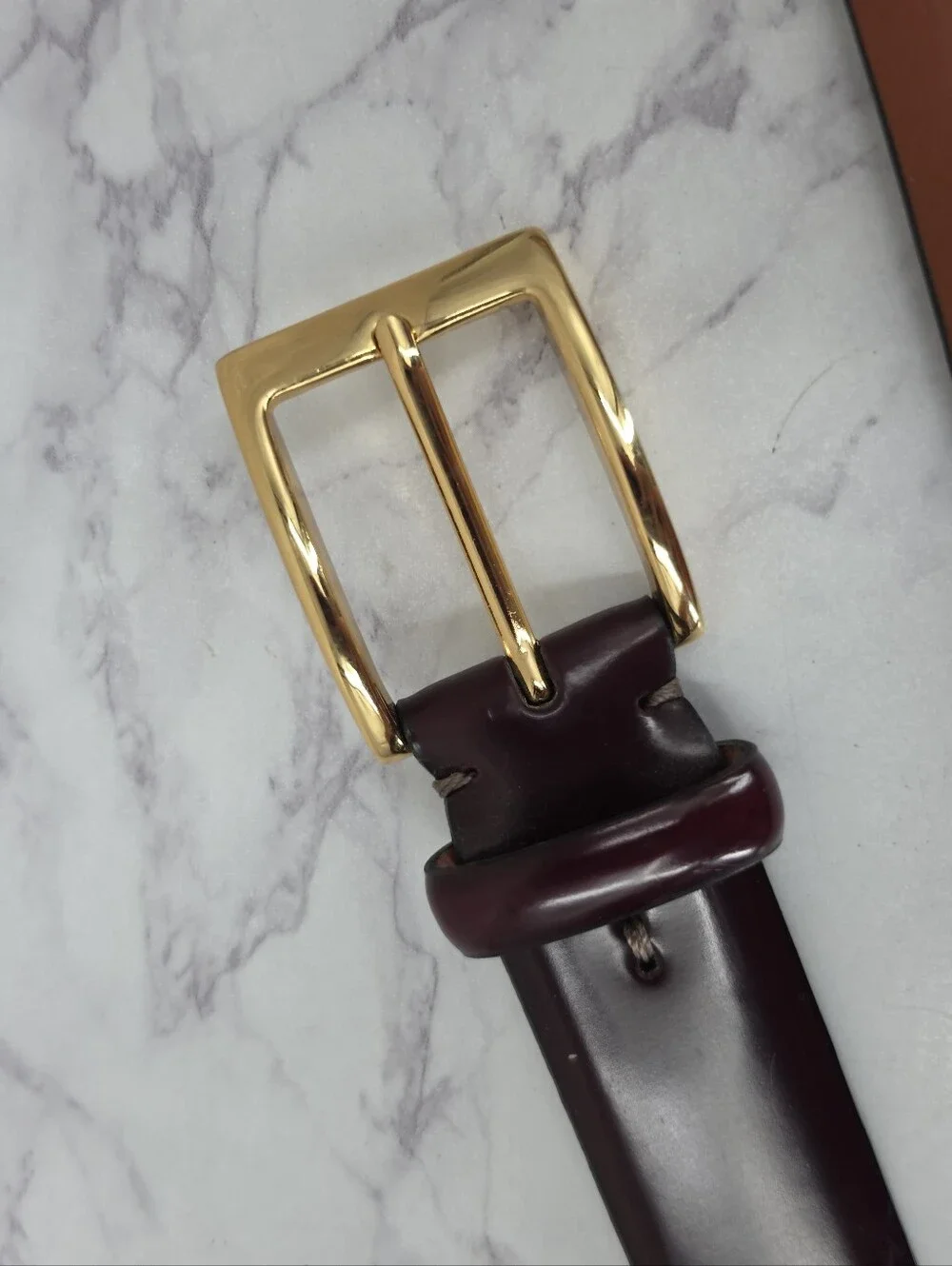 Cole Haan Men's Leather Belt in Deep Burgundy with Gold Tone Brass Buckle